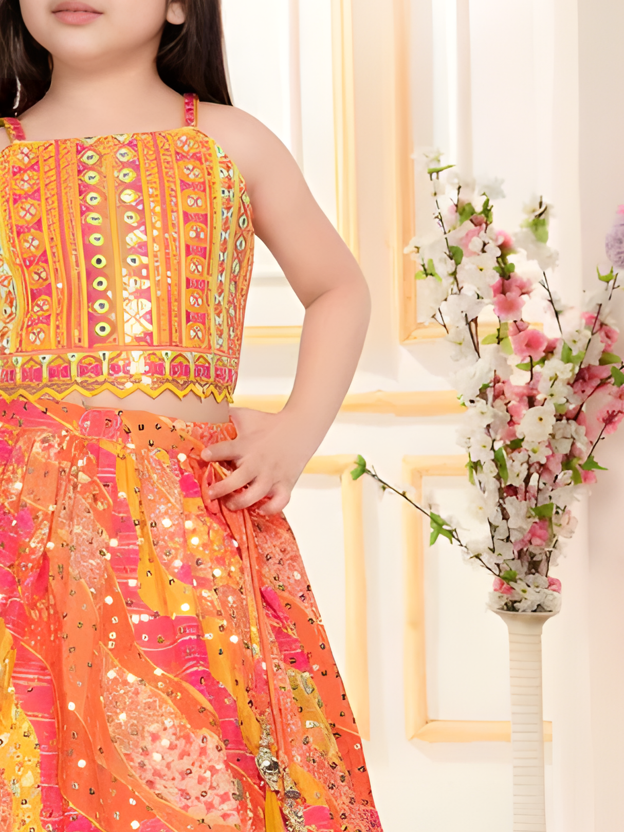 Girls' Elegant White Multi-Color Floral Lehenga Choli
