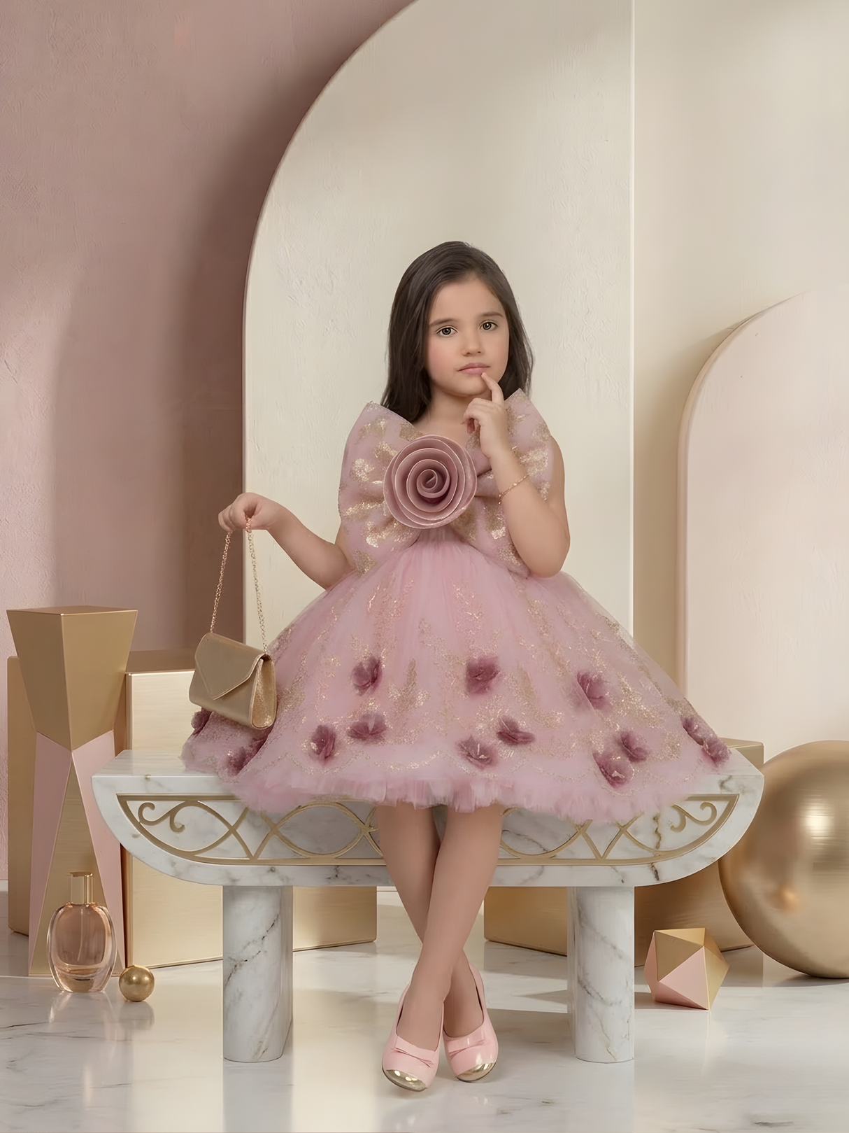 Girls' Dusty Rose Glitter Tulle Frock with Oversized Bow & 3D Flowers.