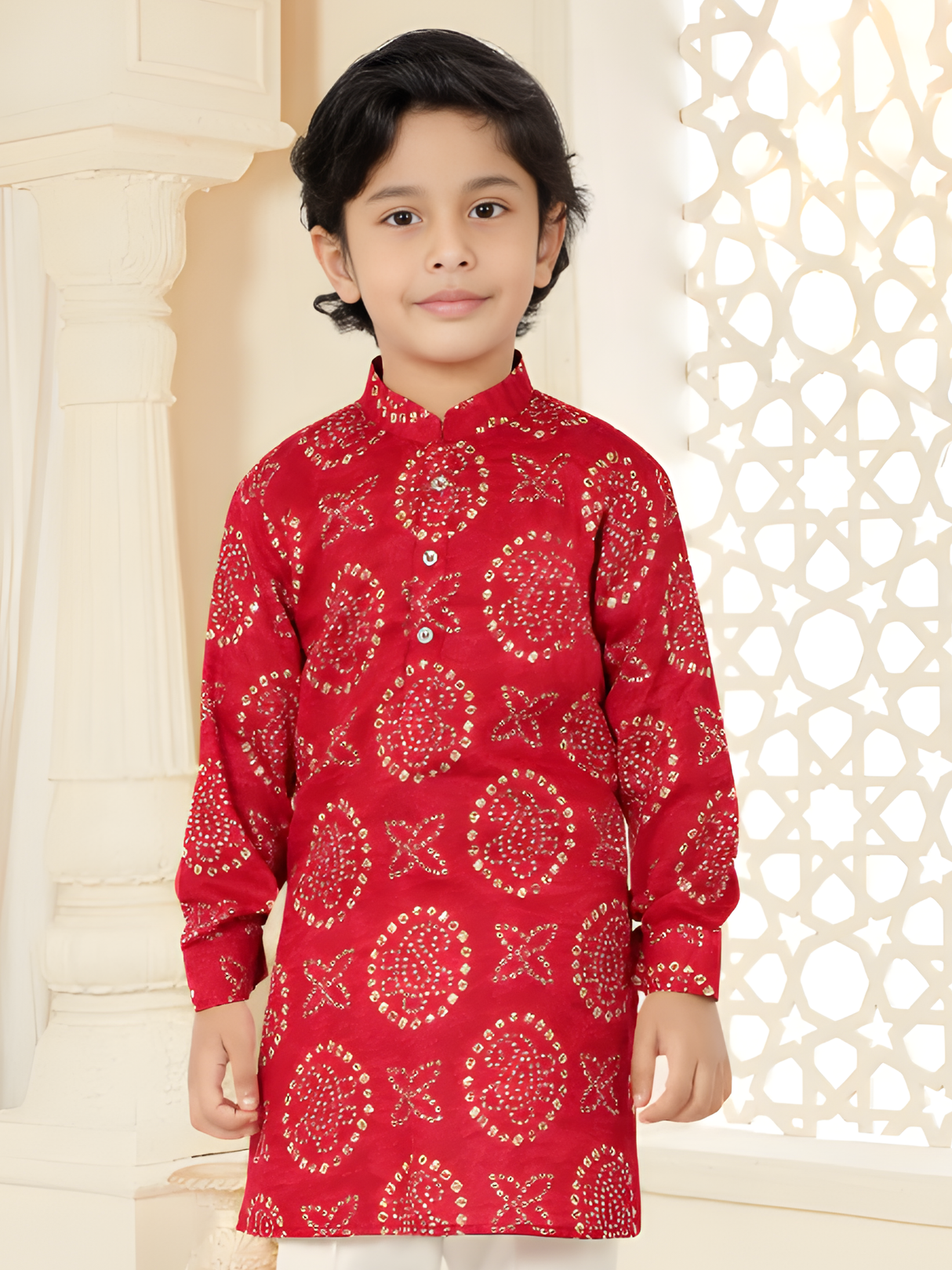Boys' Festive Red Bandhani-Style Printed Kurta and White Pajama Set