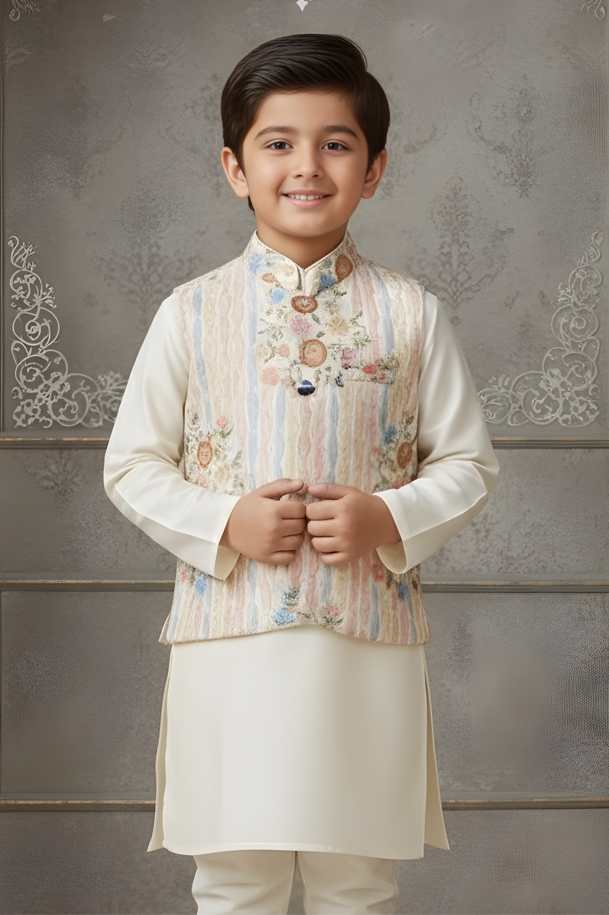 Boys' Cream Silk-Blend Kurta Set with Floral Embroidered Nehru Jacket