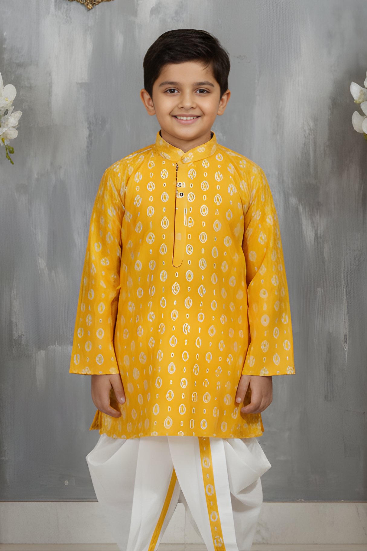 Boys' Yellow Printed Kurta with White Dhoti Set