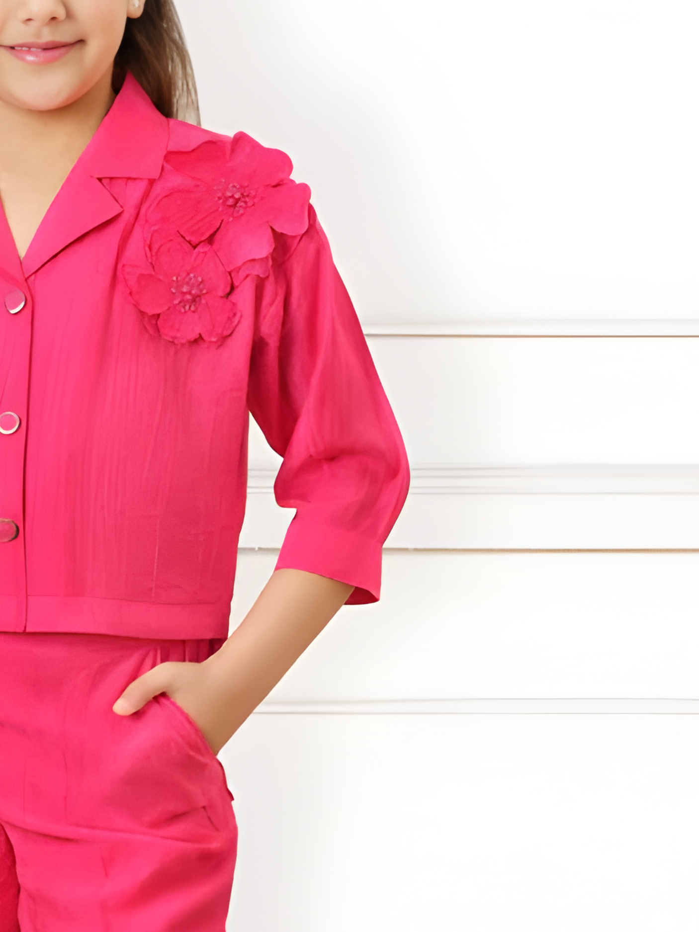 Girls' Fuchsia Pink Co-ord Set with Crop Shirt and Wide-Leg Palazzo Pants