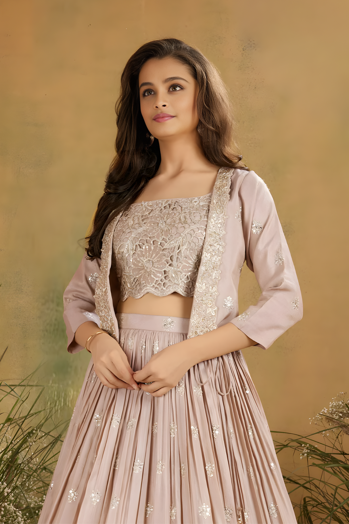 Girls' Floral Embroidered Jacket and Cream Lehenga Choli Set