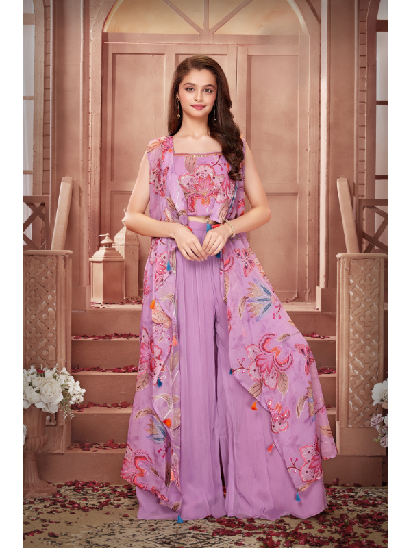 Girls Traditional Sleeves Less Plazo Set - Purple