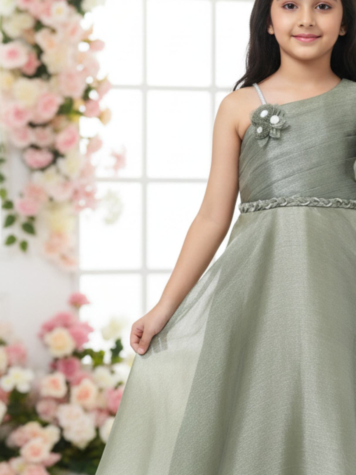 Girls Party Satin Western Gown With Work - Green
