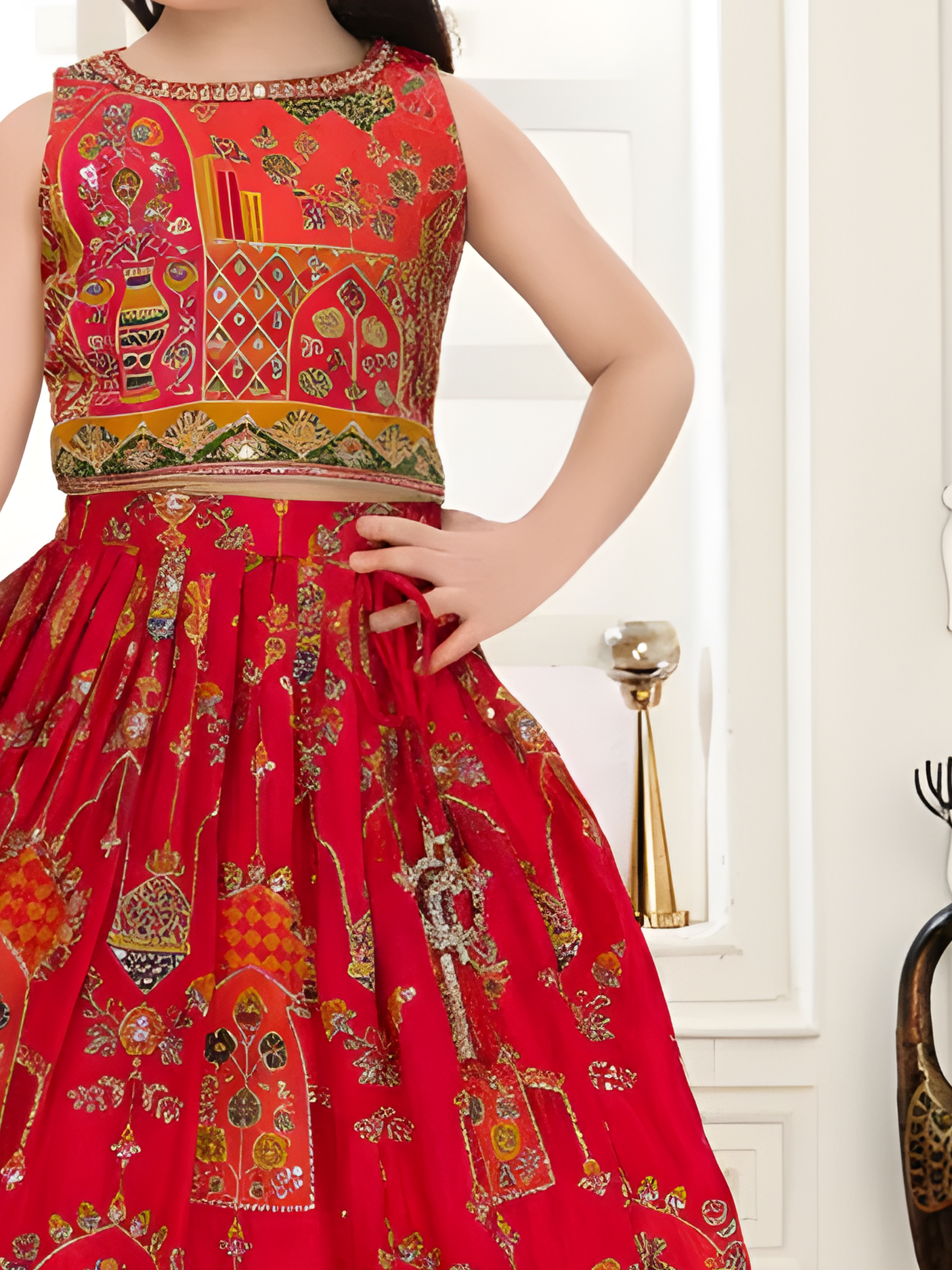 Girls' Festive Red Embroidered Choli and Long Printed Lehenga Set
