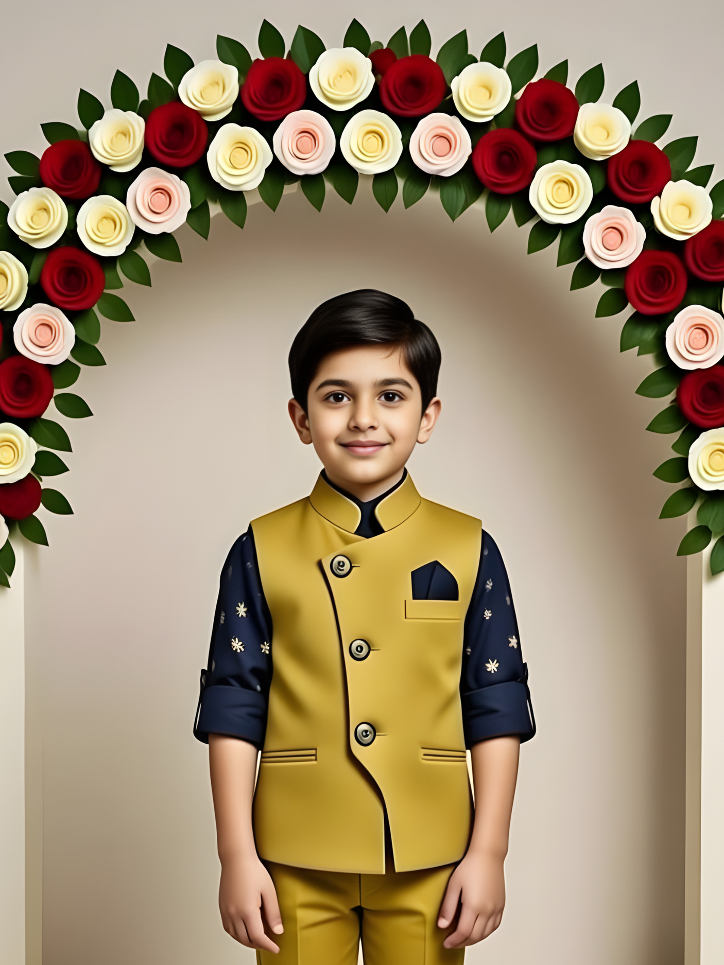 Boys' Yellow Kurta Pajama Set with Multi-Color Floral Printed Nehru Jacket