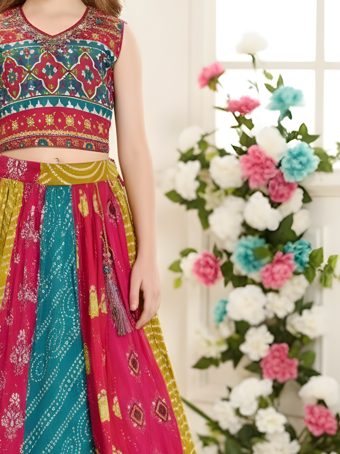 Vibrant Multi-Color Bandhani Style Print Kids Lehenga Choli Set