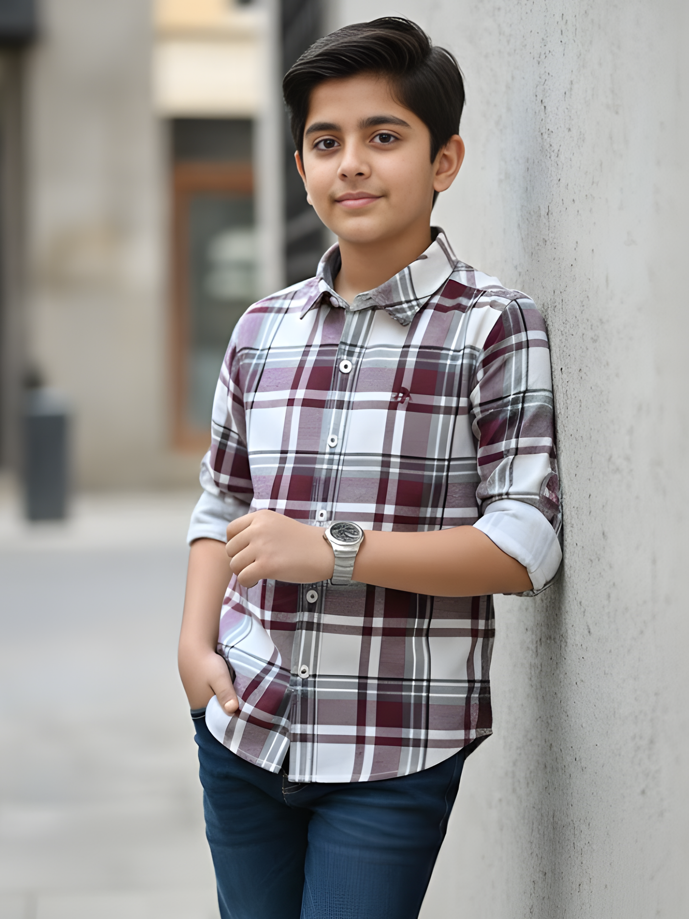 Boys Maroon and Grey Plaid Check Casual Shirt