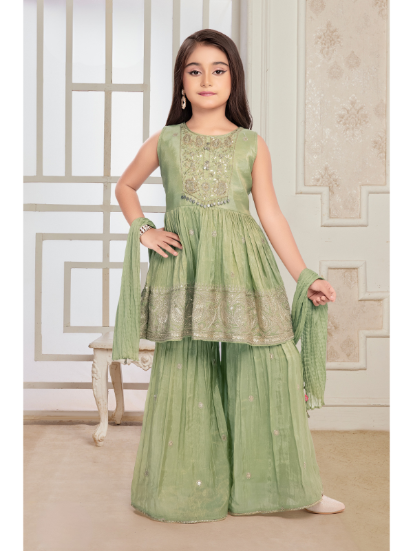 Girls Traditional Sleeves Less Sharara Set - Green