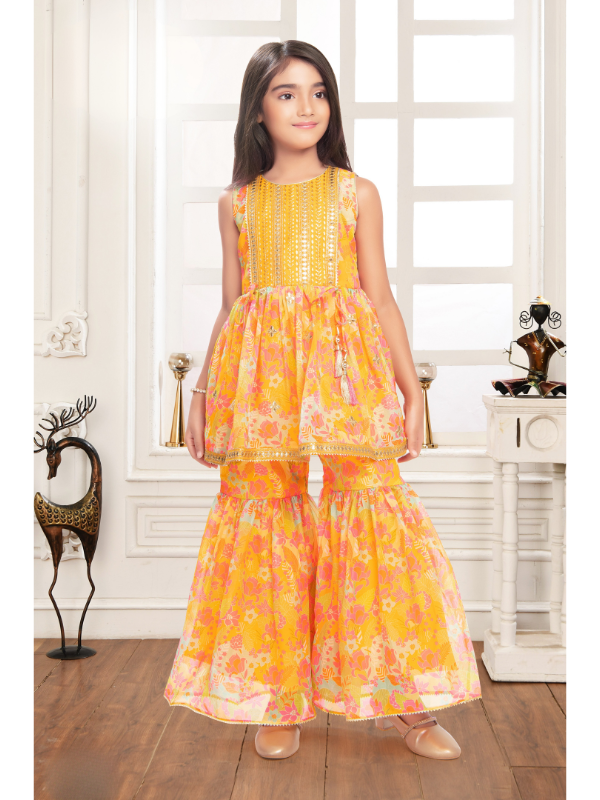 Girls Traditional Sleeves Less Sharara Set - Yellow