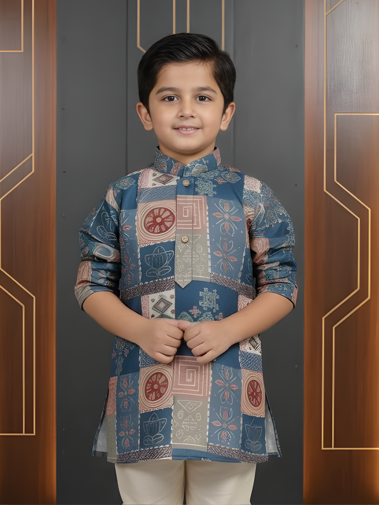 Boys Teal Blue Geometric Print Kurta with Cream Pajama Set