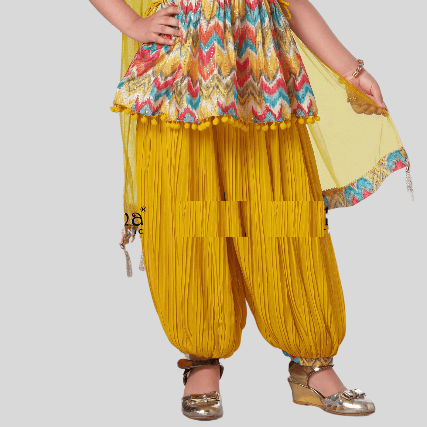 Girls Traditional Sleeves Less Afghani Set - Yellow.