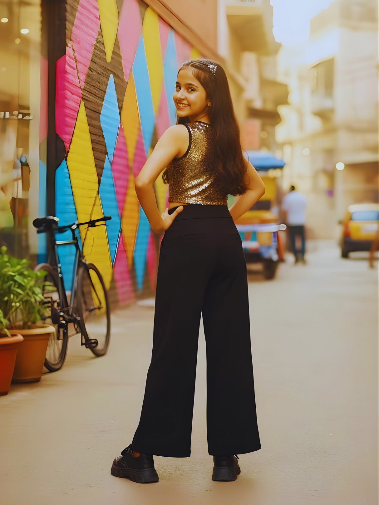 Girls' Trendy Black Wide-Leg Comfort Track Pants