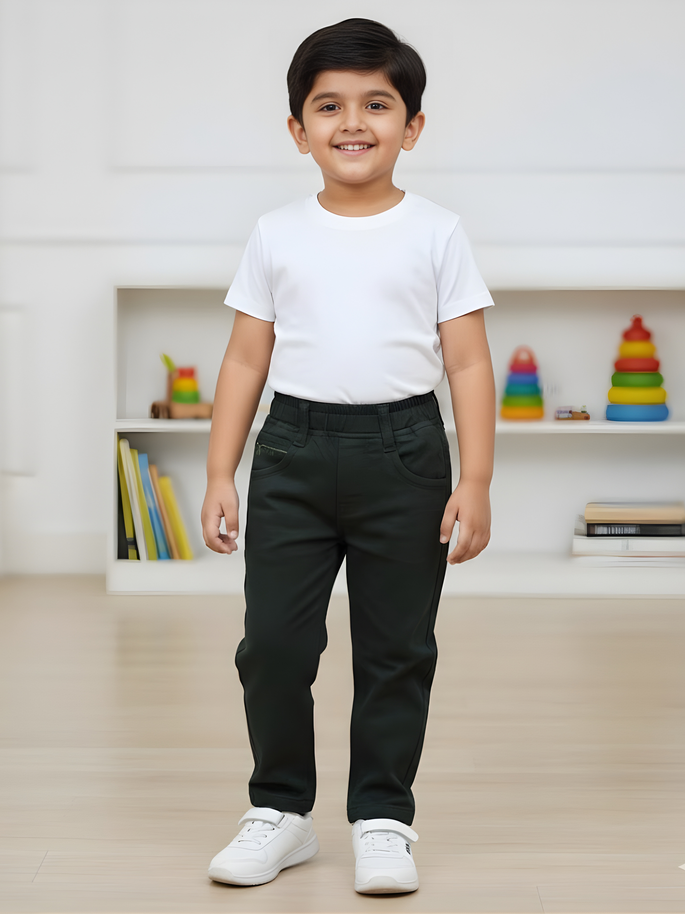 Boys' Dark Green Comfort Fit Casual Pants