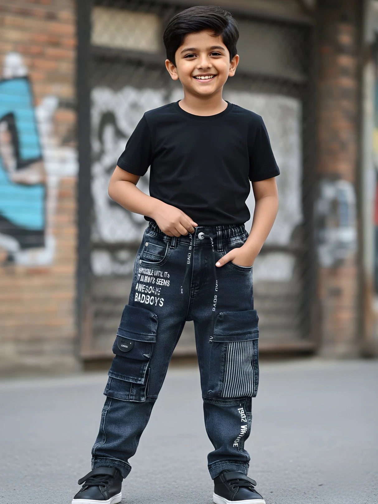 Boys Grey Graphic Print Multi-Pocket Cargo Jeans