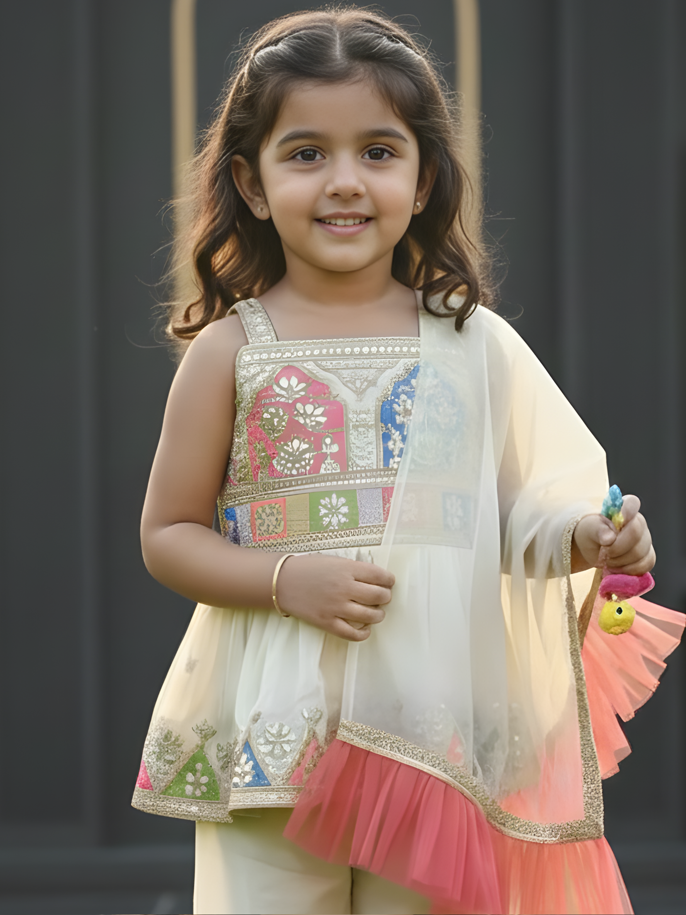 Girls Cream Embroidered Peplum Top and Pajama Set with Ruffled Dupatta