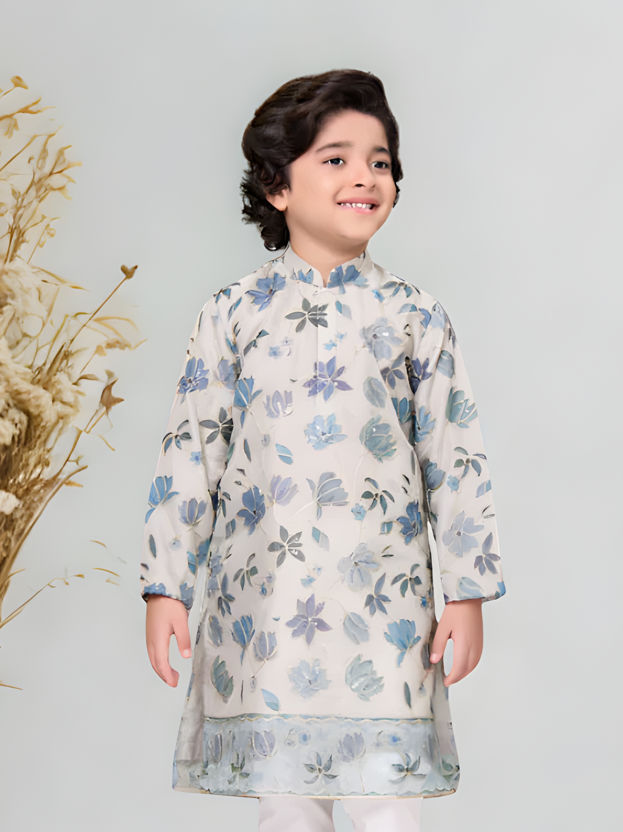 Boys' Cream & Blue Floral Embroidered Kurta Pajama Set.