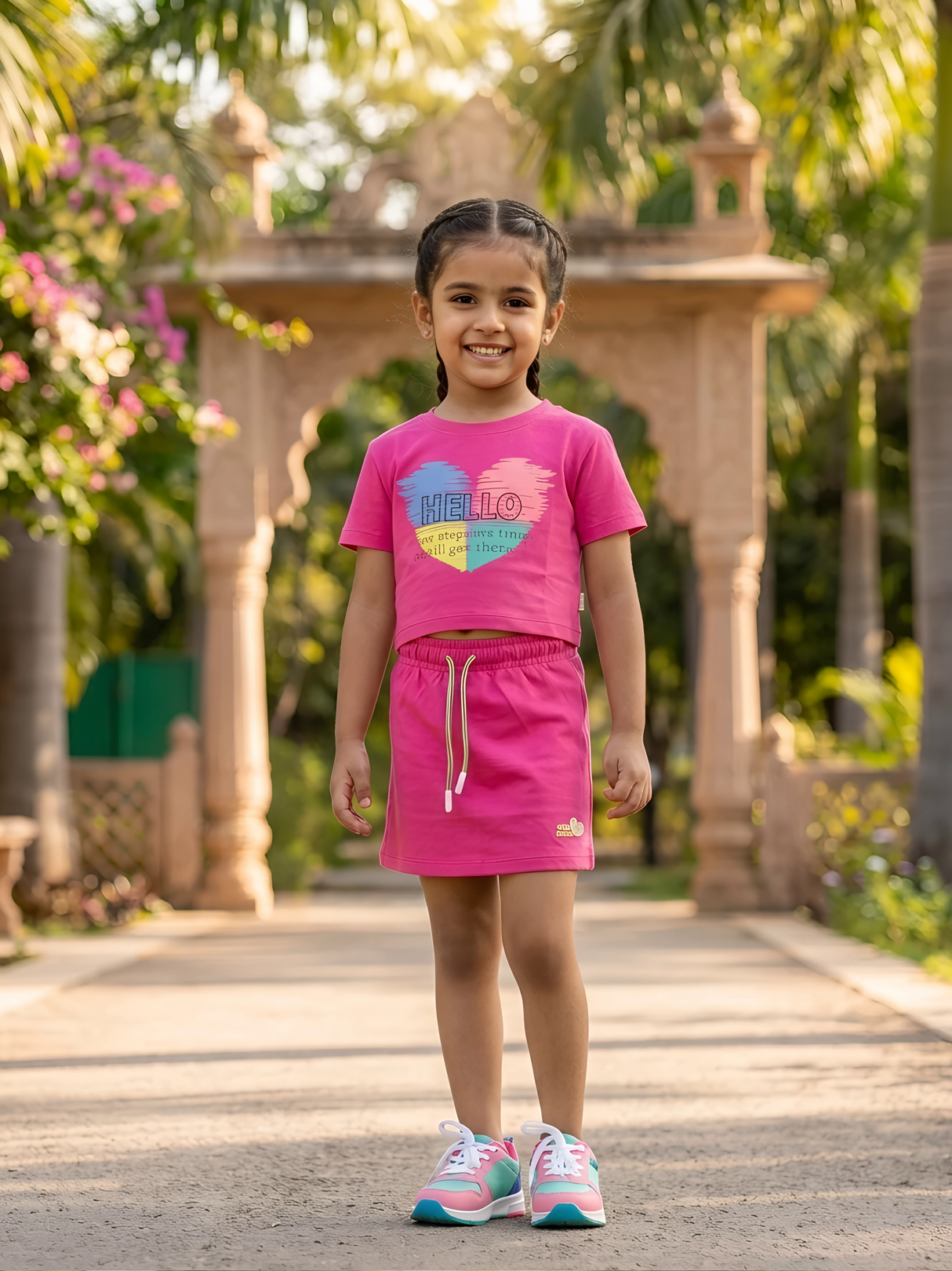 Girls Rani Pink Heart Print T-Shirt and Skirt Co-ord Set