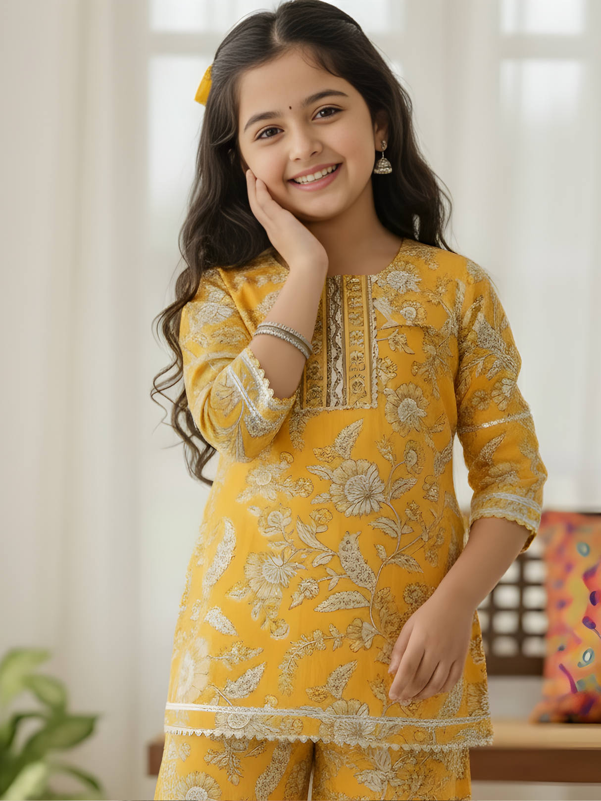 Girls Mustard Yellow Floral Printed Kurti and Palazzo Set
