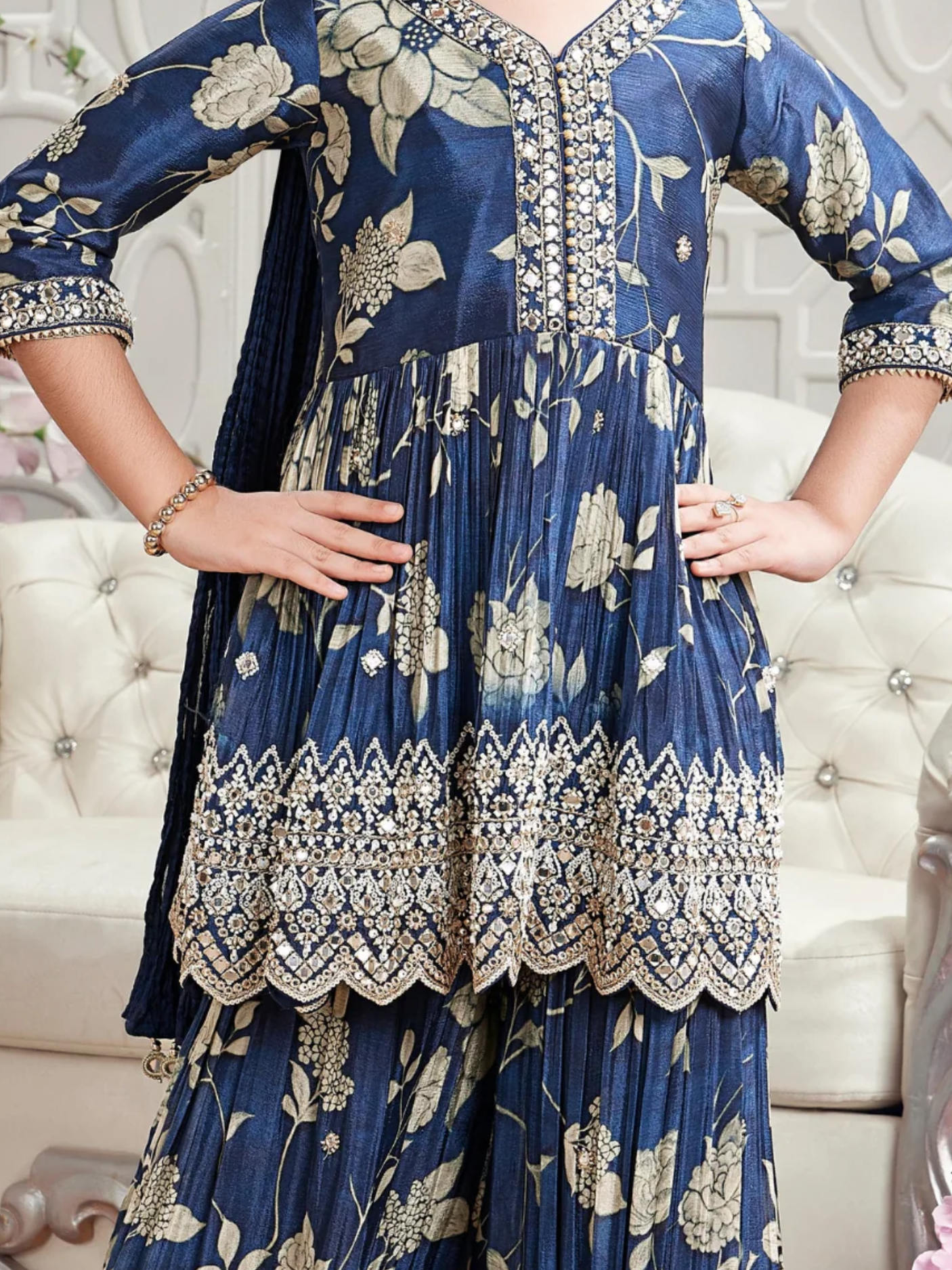 Girls' Elegant Navy Blue & Gold Floral Print Gharara Suit with Embroidery