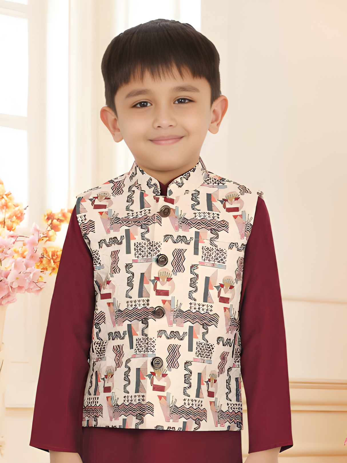 Boys' Festive Maroon Kurta Set with Abstract Printed Waistcoat