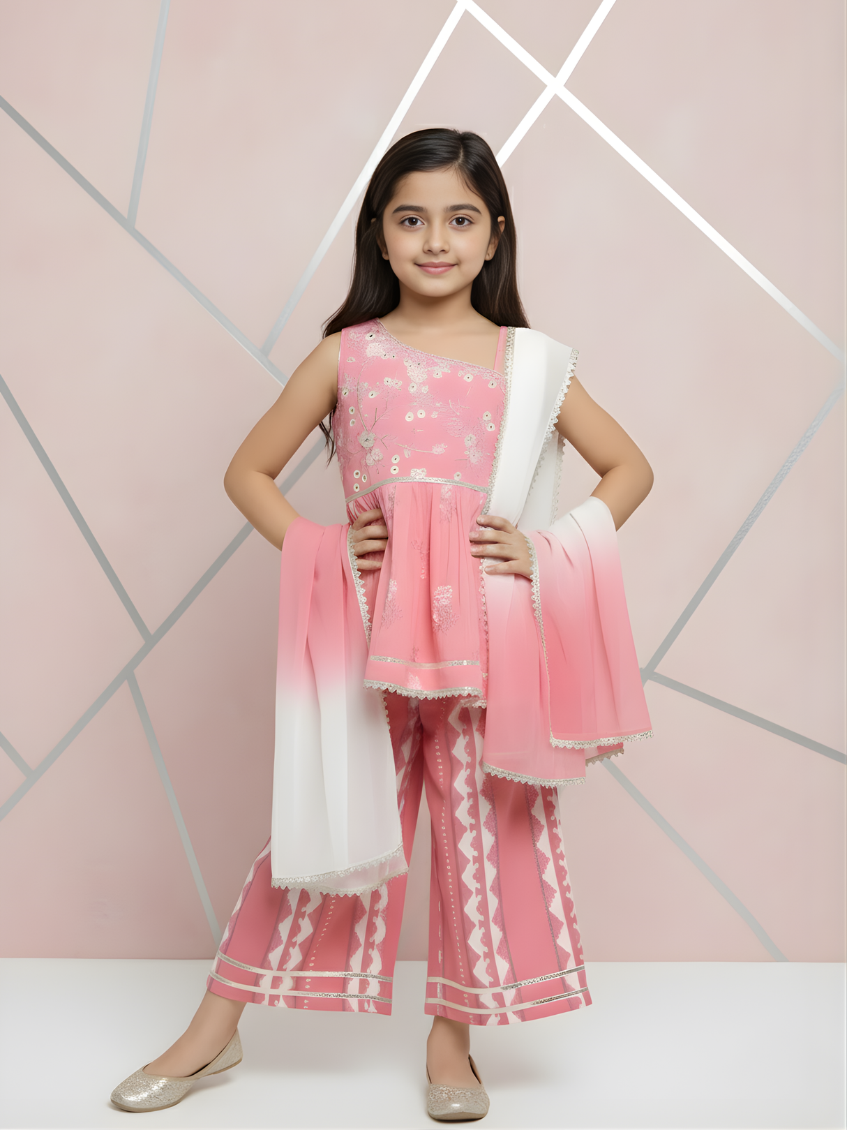 Girls' Powder Pink Embroidered Peplum Kurta & Printed Sharara Set.