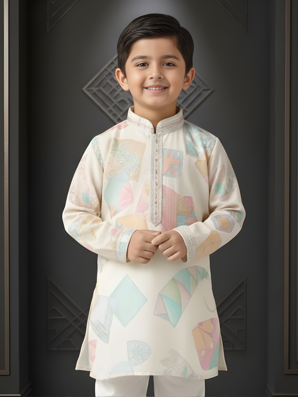 Boys Cream Kurta Set with Pastel Geometric Prints & Embroidered Neckline