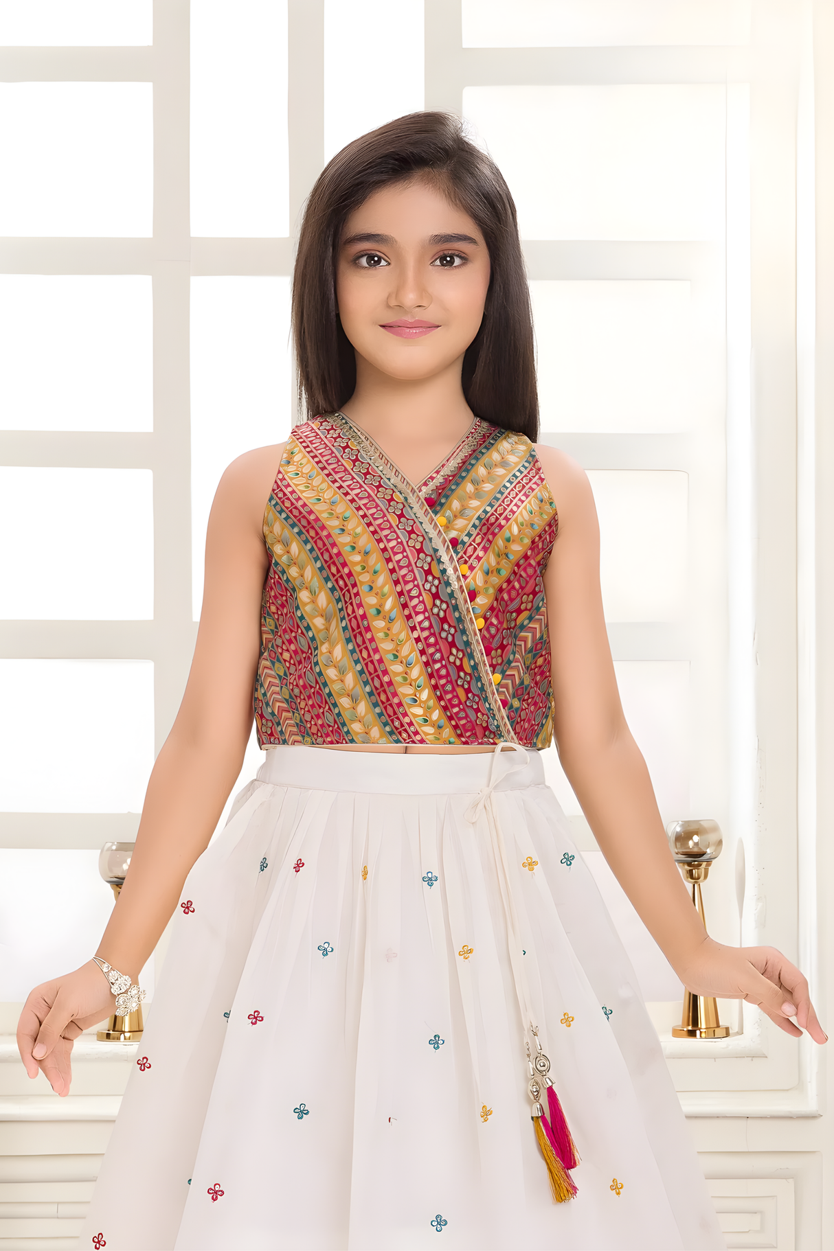 Cream & Multi-Color Embroidered Lehanga Choli Set for Girls