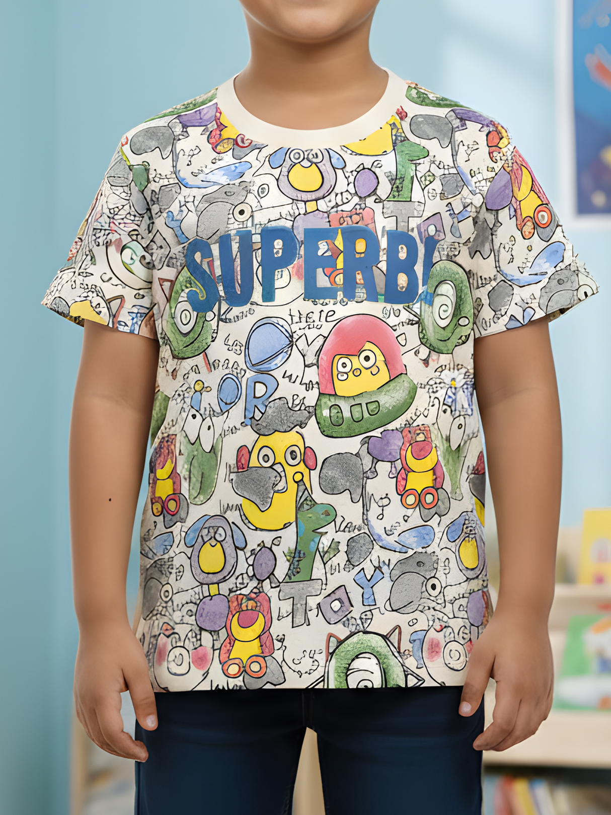Boys' Cream "SUPERB!" All-Over Alien & Toy Graphic T-Shirt