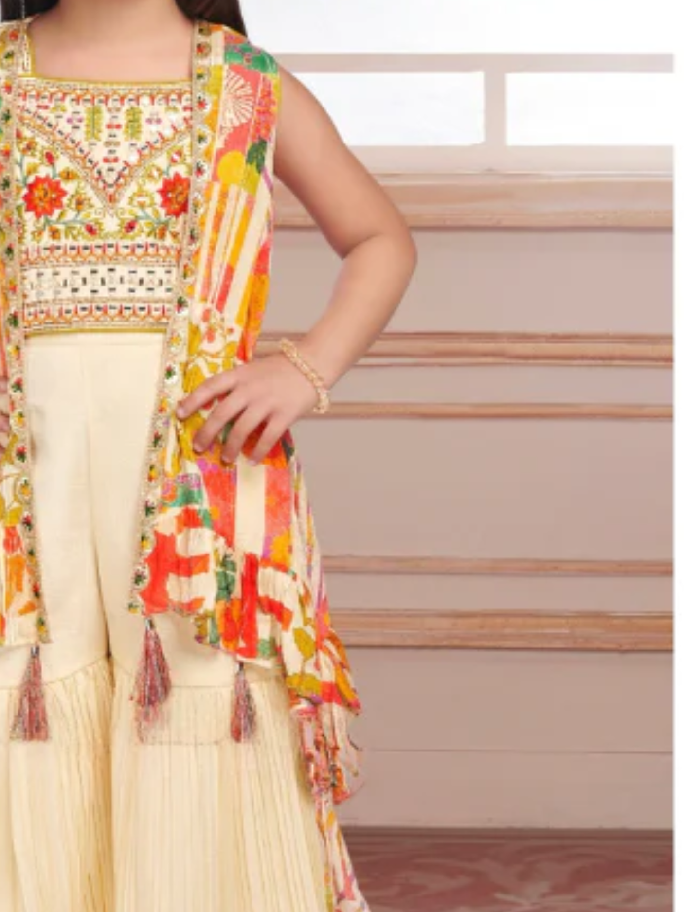 Girls Traditional Sleeves Less Sharara Set - Cream