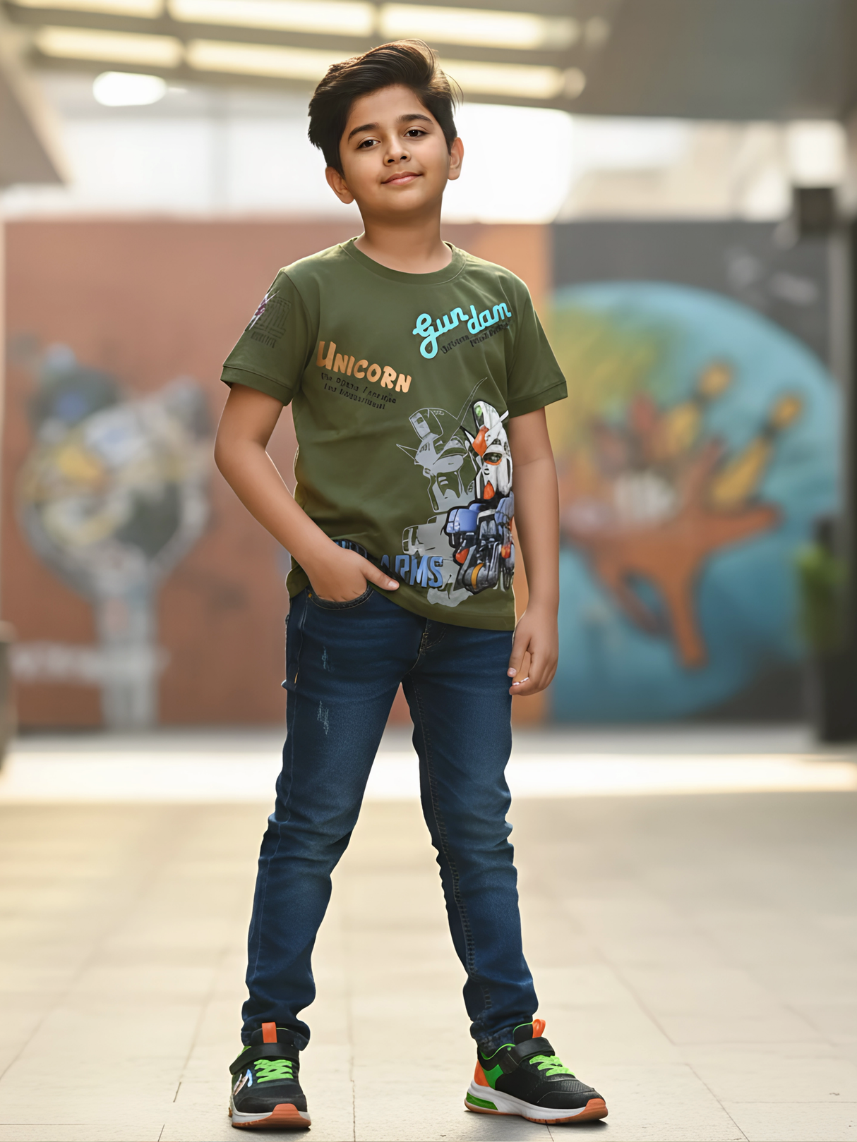 Boys' Olive Green Unicorn Gundam Graphic T-Shirt