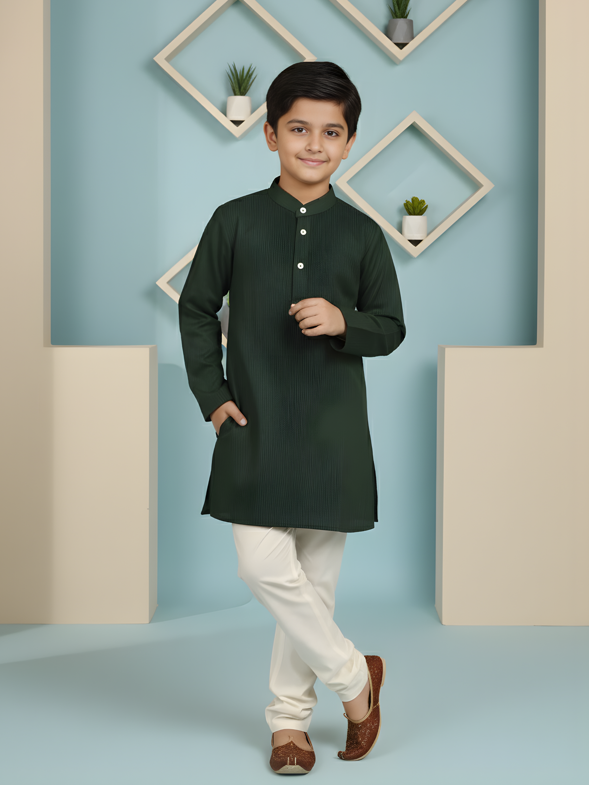 Boys' Dark Green and Beige Chevron Print Kurta Set