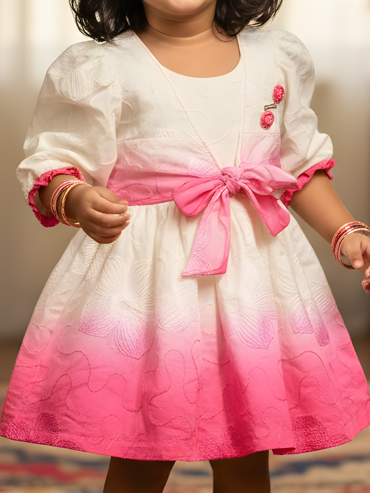 Girls' Cream and Pink Ombre Embroidered Frock with Bow Accent