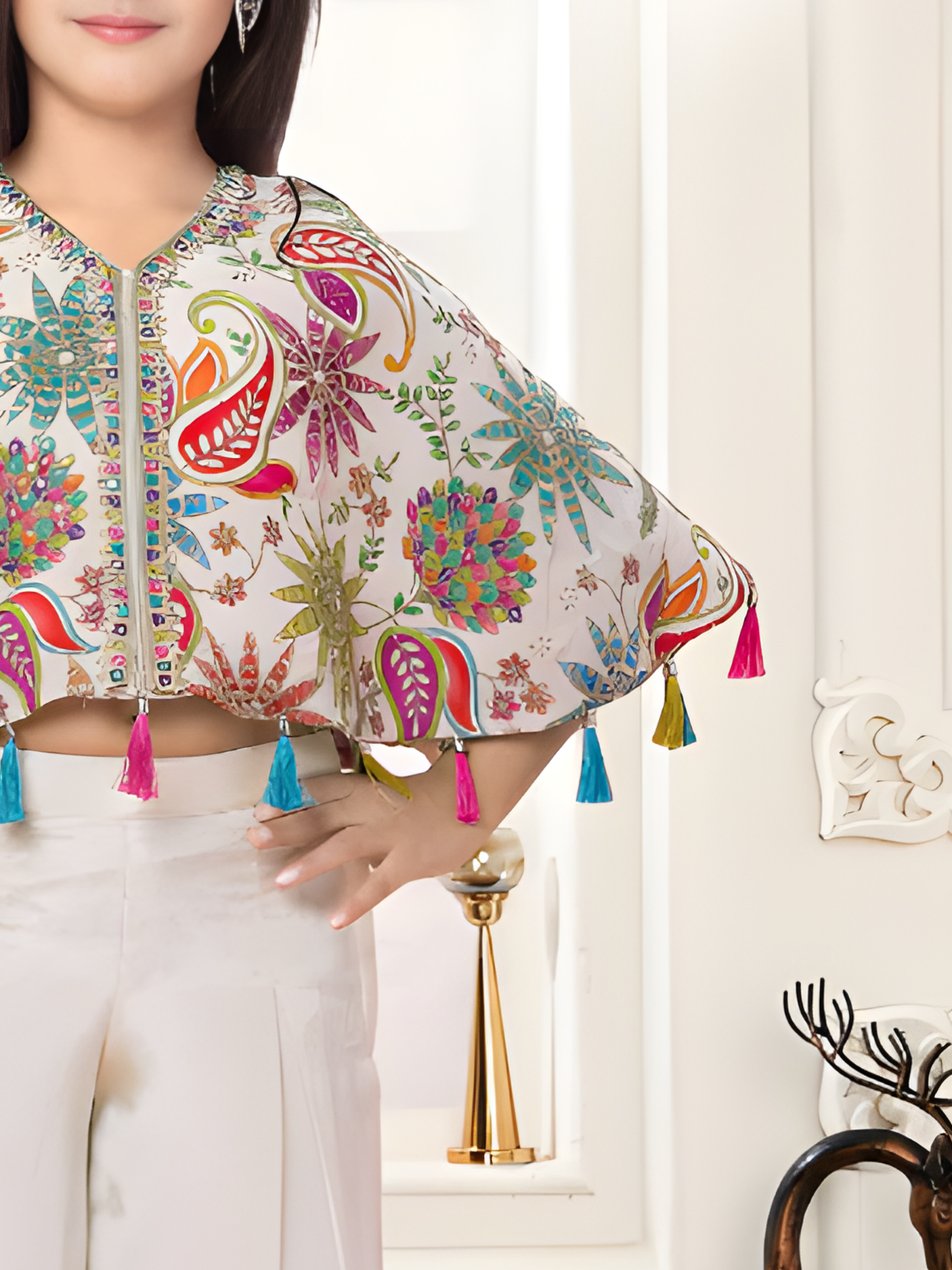 Girls' Floral & Paisley Print Cape Top and Palazzo Set (Cream/Multi)