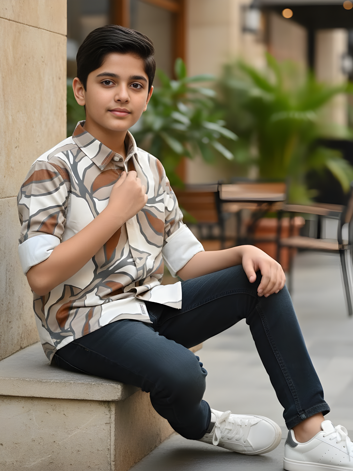 Boys Cream Abstract Large-Leaf Print Casual Shirt