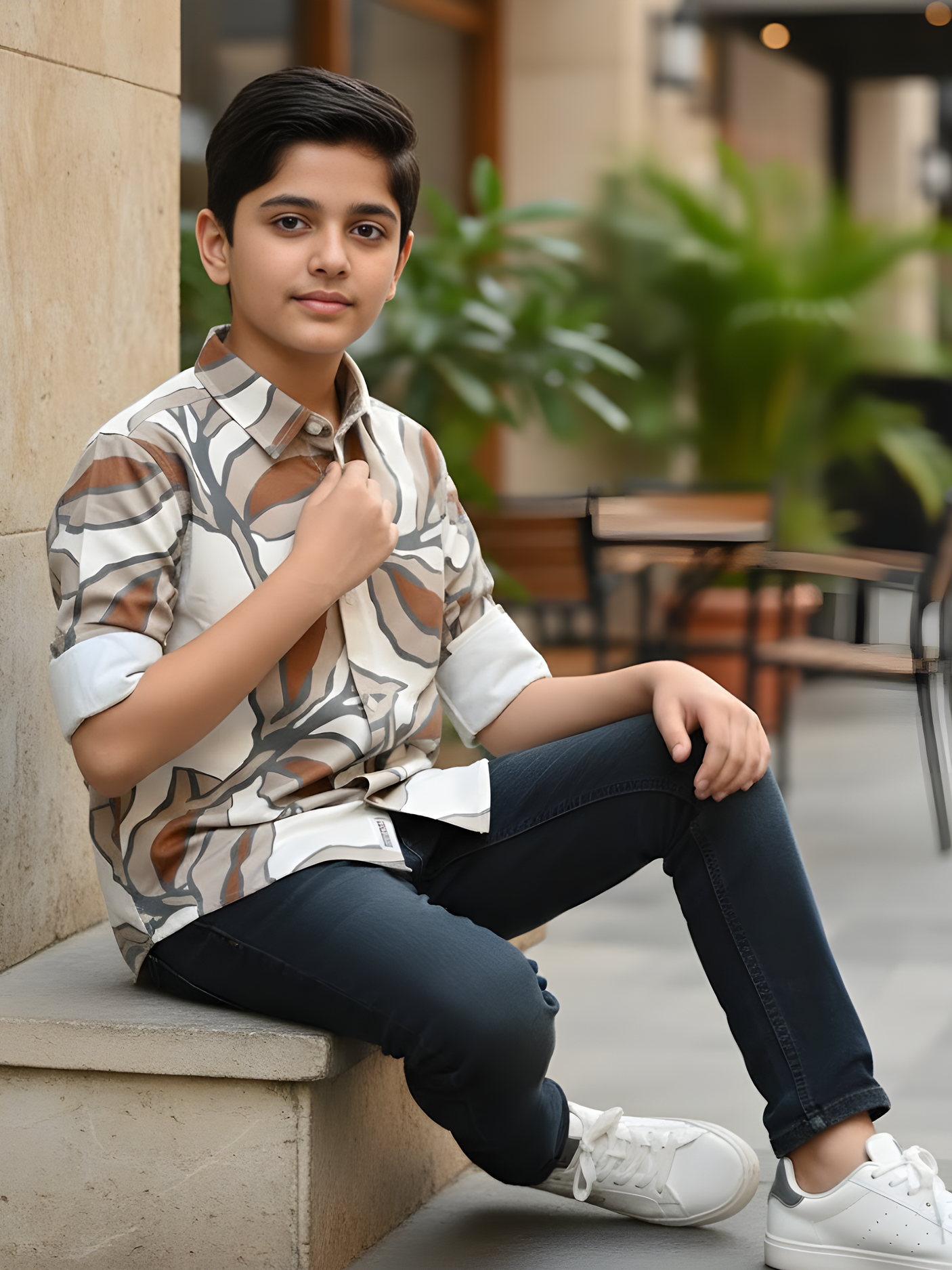 Boys Cream Abstract Large-Leaf Print Casual Shirt