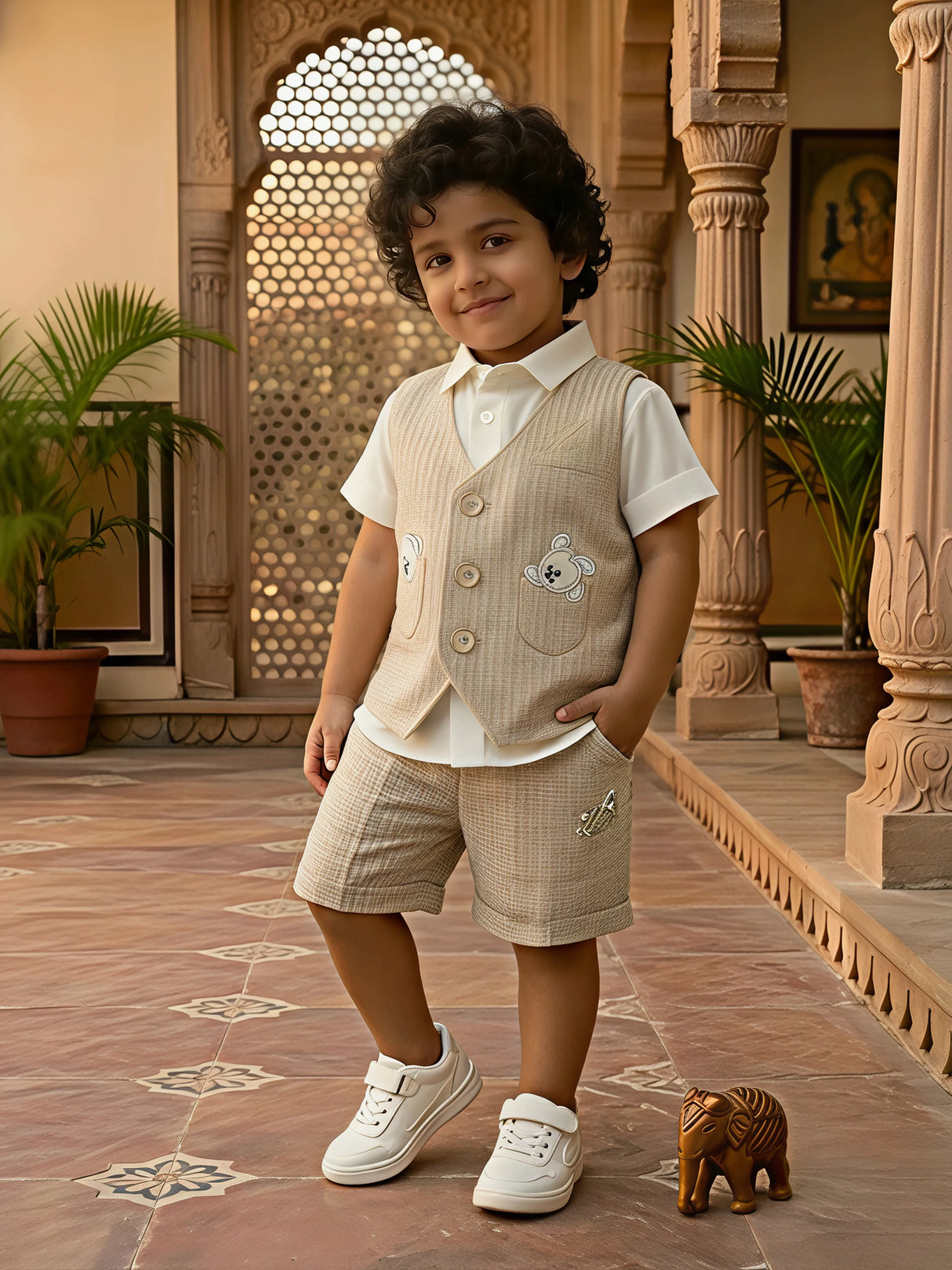 Boys Brown Textured Waistcoat & Shorts Set