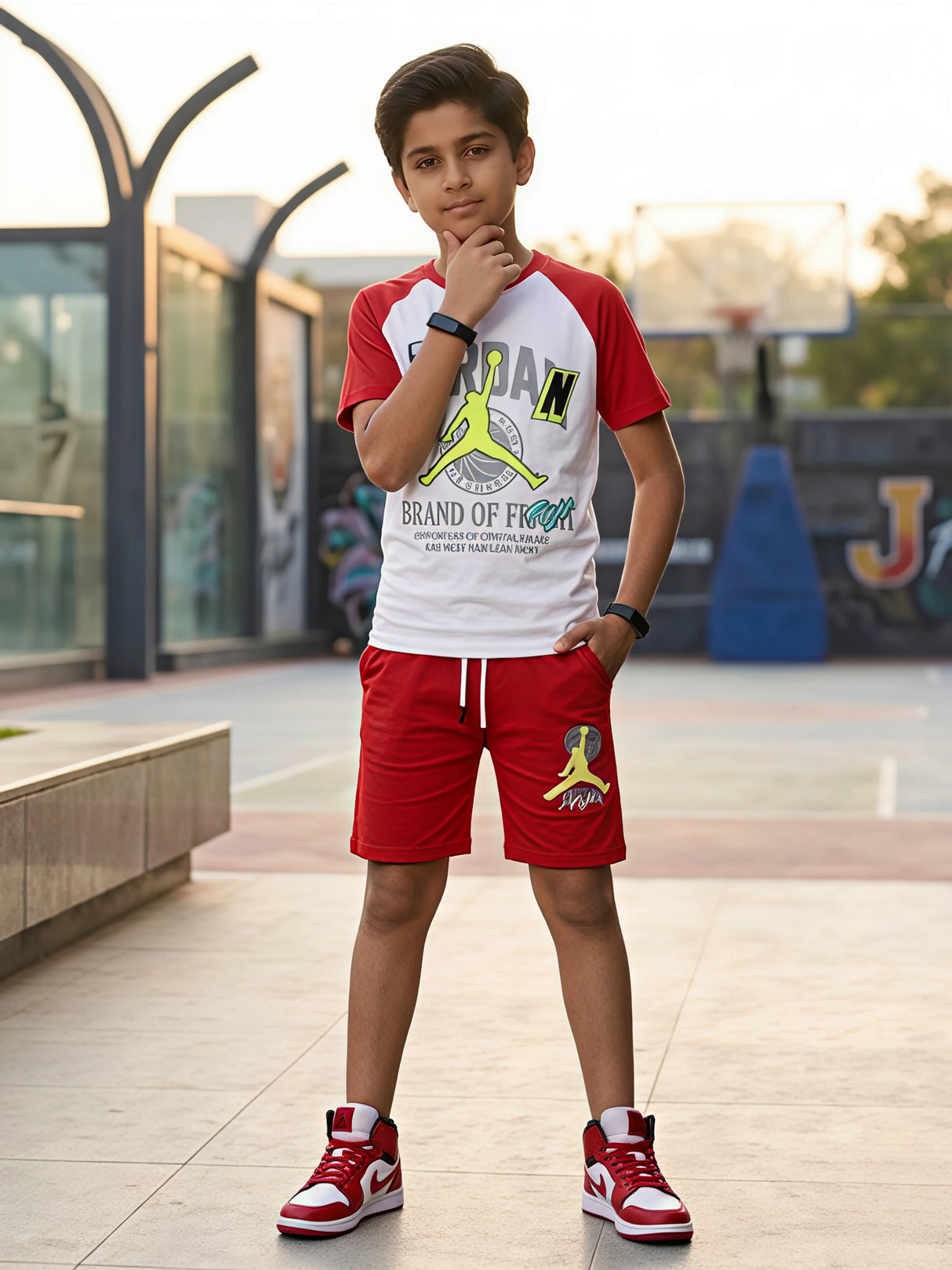 Boys Red and White Varsity Athletic Coordinate Set.