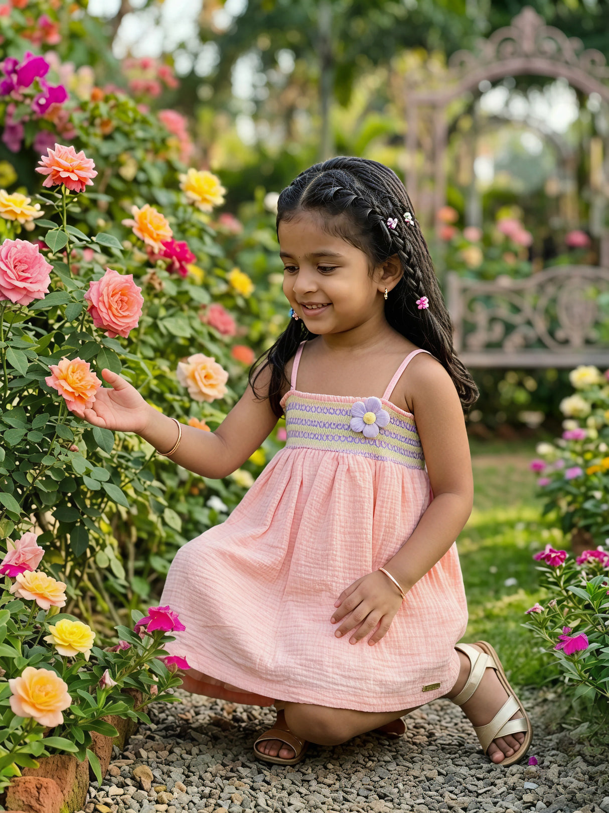 Smocked Peach Cotton Frock with Purple Floral Accent
