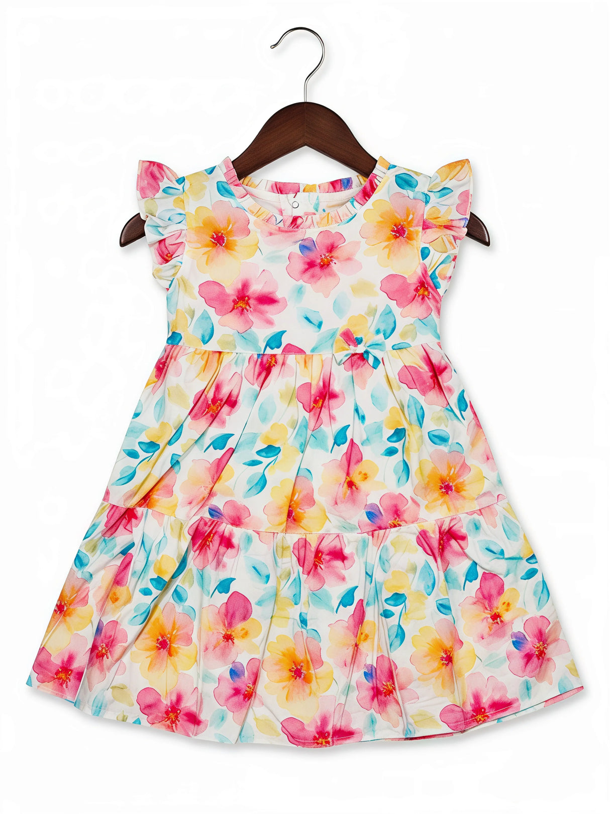 Girls Pink Floral Tiered Cotton Frock