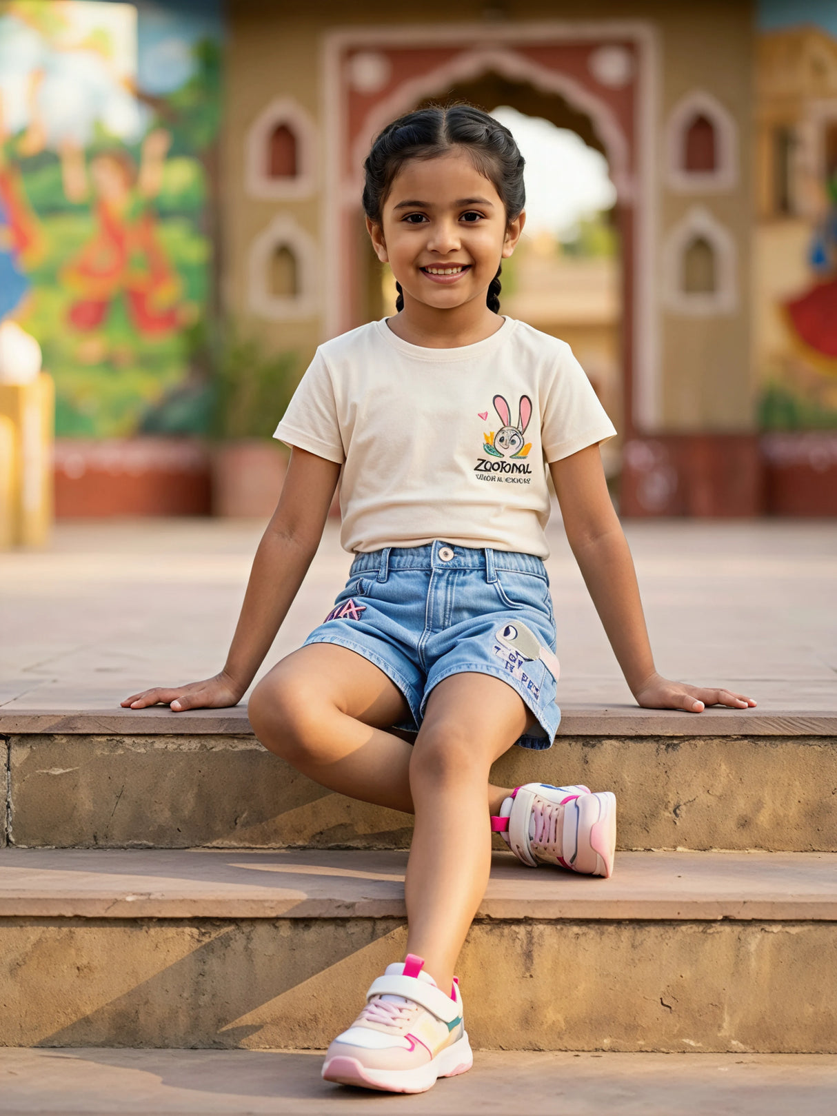 Girls' Light Blue Denim Shorts with Animated Embroidery
