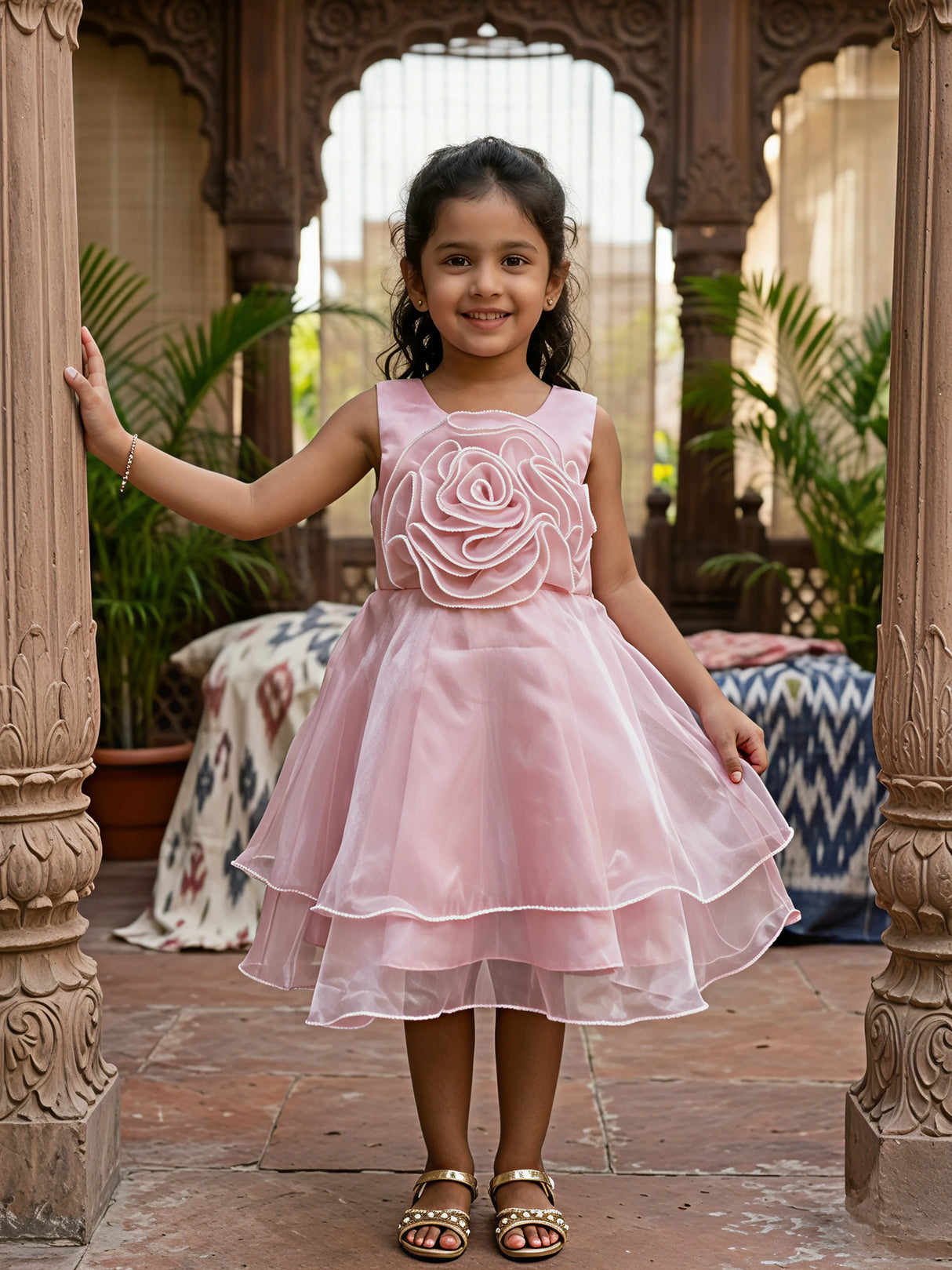 Girls' Pink Petal Rose Organza Party Frock