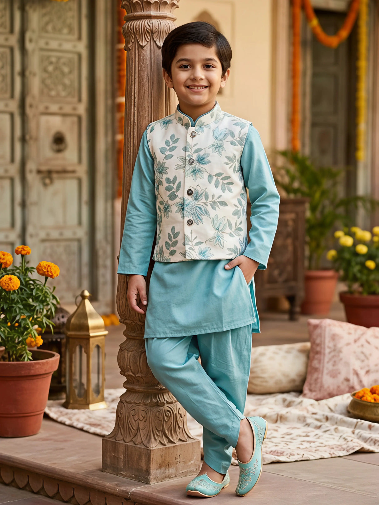 Boys Sea Green Kurta Set with Embroidered Floral Nehru Jacket