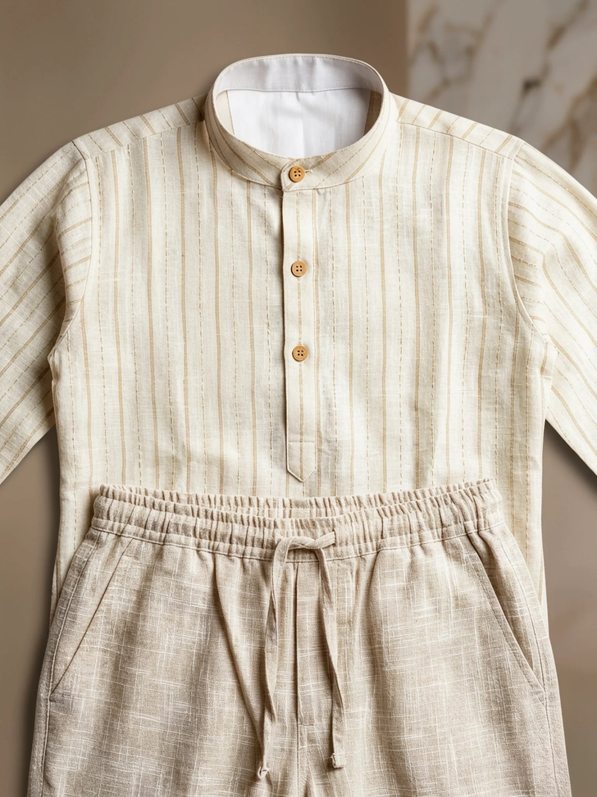 Boys Elegant Light Brown Striped Kurta with Textured Pajama Set
