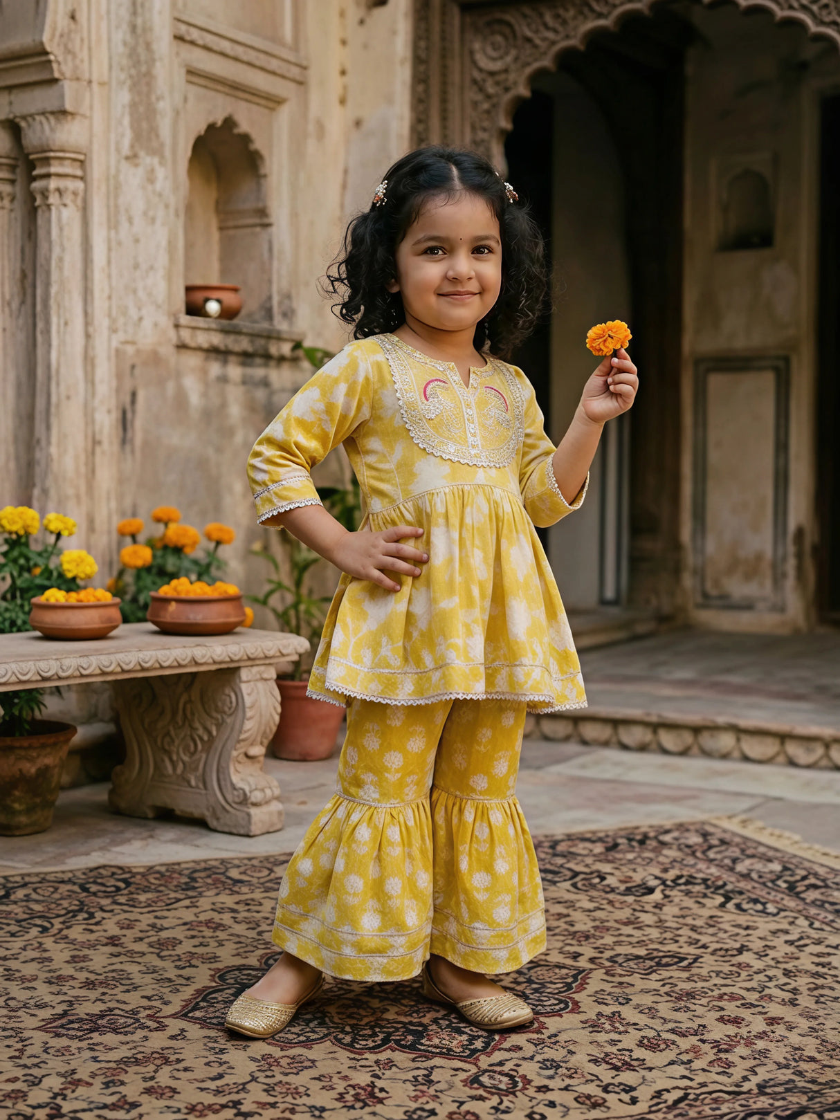 Baby Girls' Mustard Yellow Floral Print Kurti and Ruffled Plazzo Set