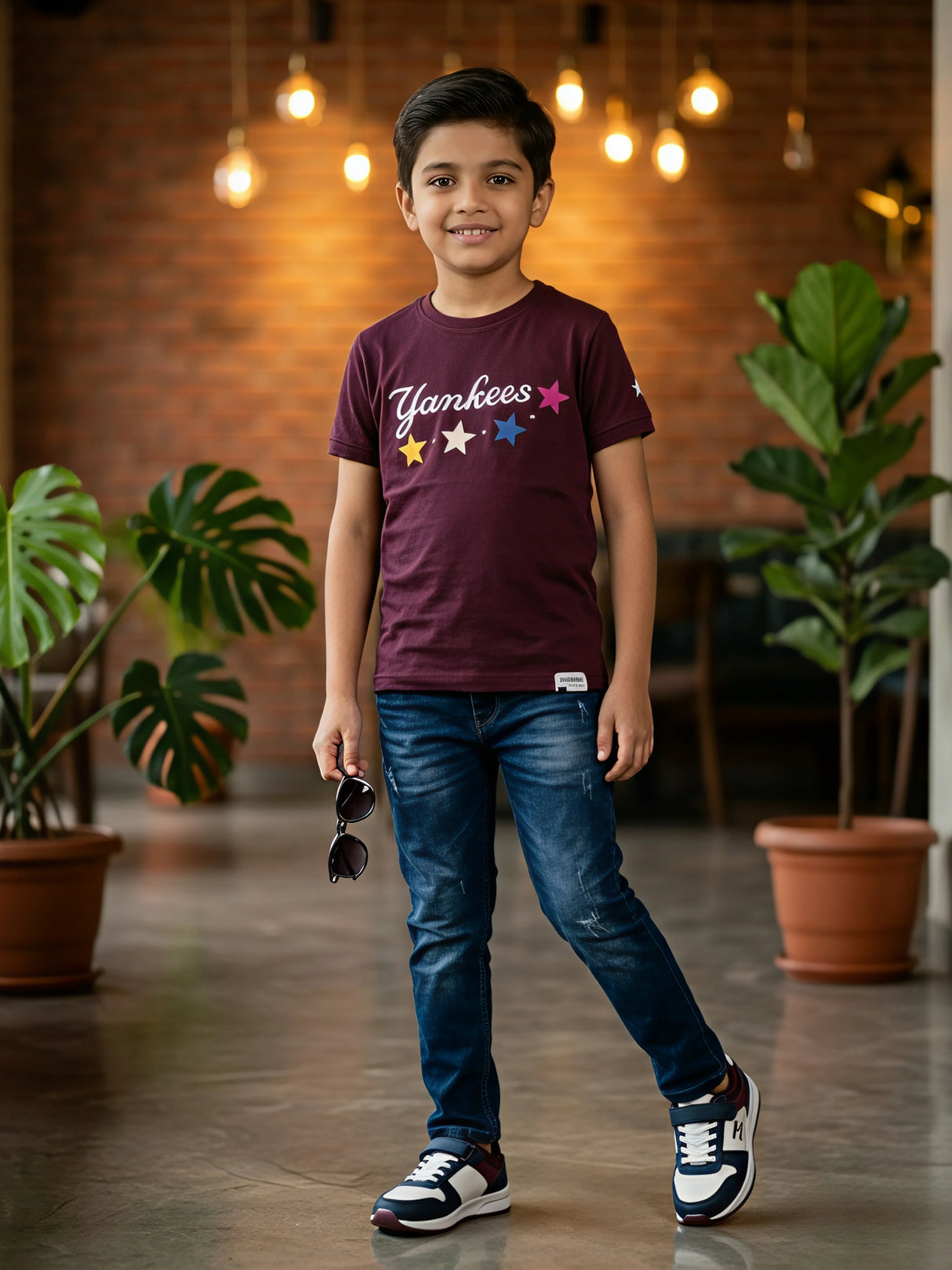 Boys Maroon Yankees Graphic Print Cotton T-Shirt