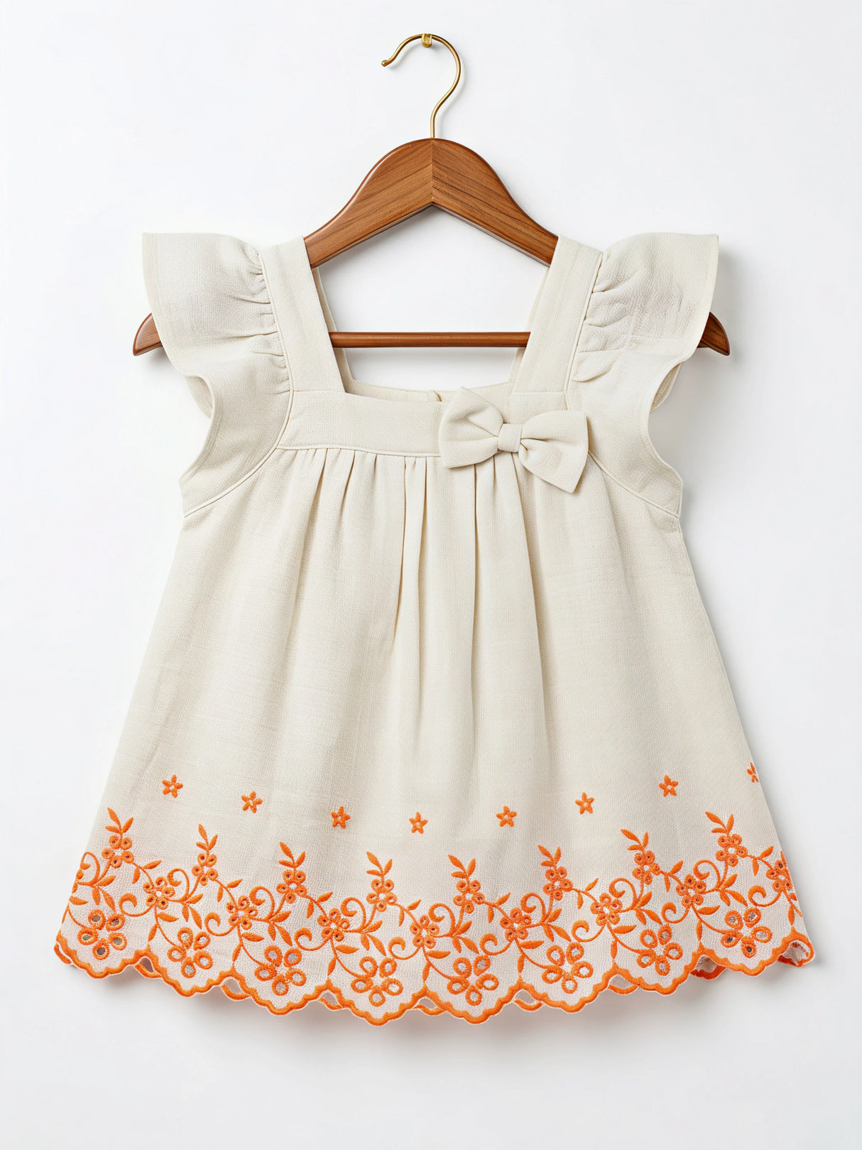 Cream Embroidered Girls Frock with Ruffle Sleeves