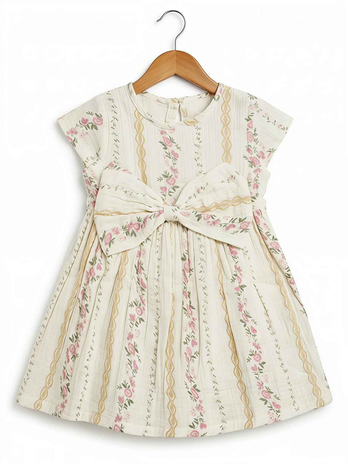 Elegant Cream Floral Bow Frock for Girls
