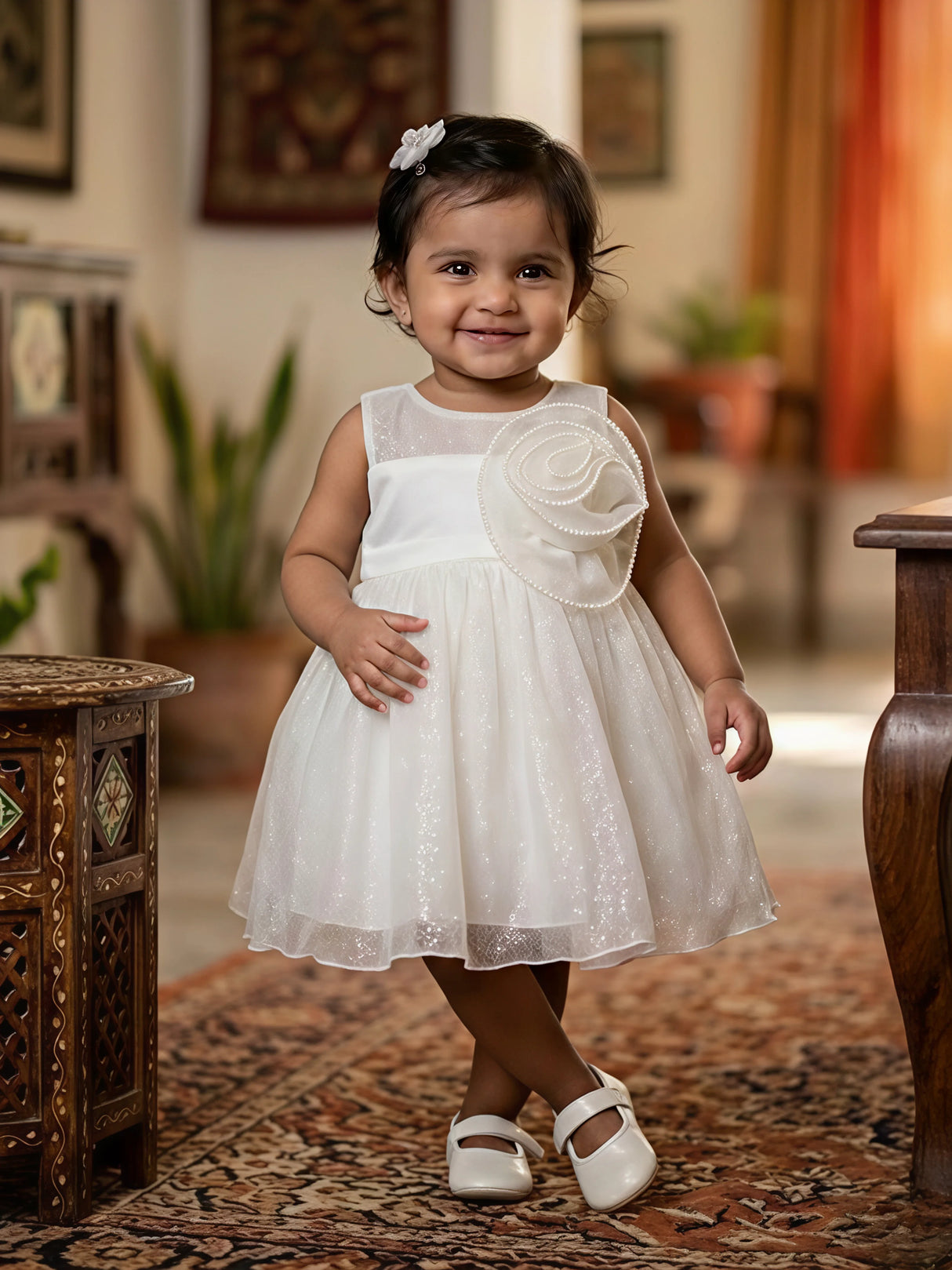 Elegant Cream Floral Appliqué Party Frock for Girls